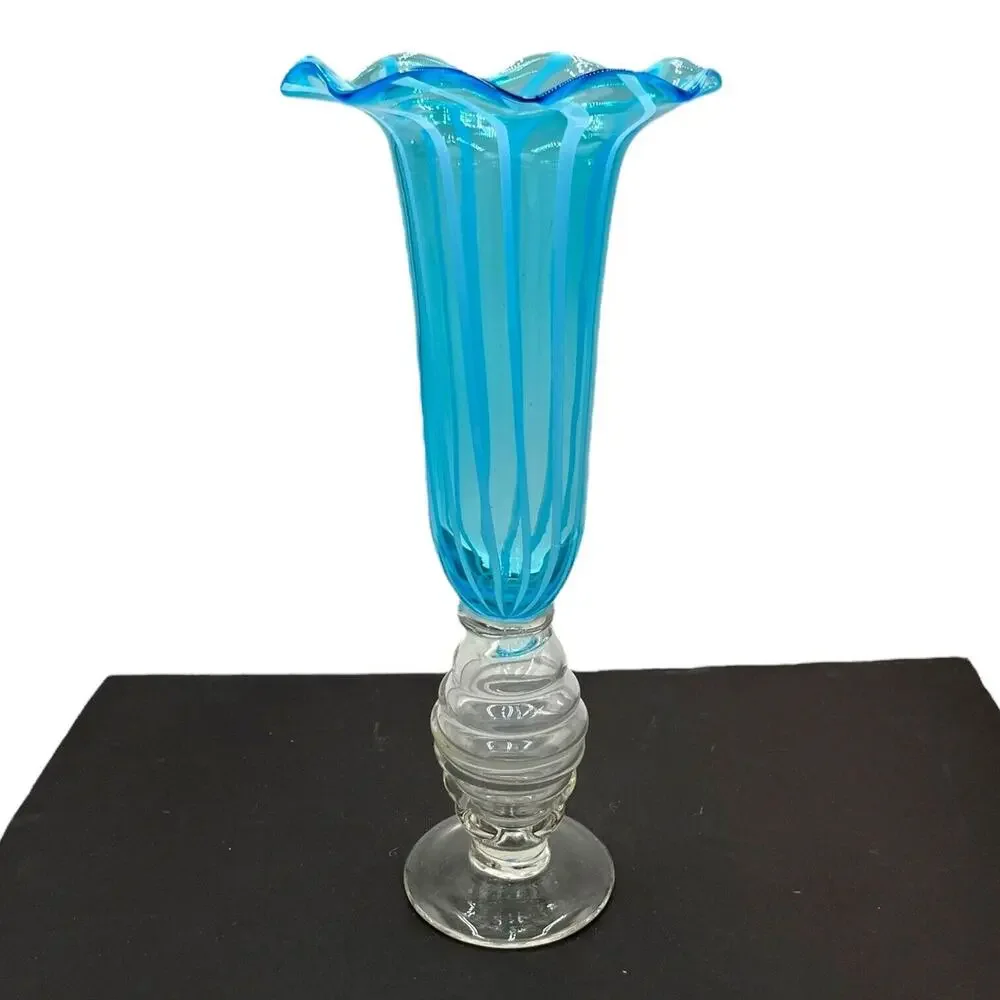 Vtg 14'' Blue Hand Blown Glass Vase Spiral Ice Blue Ruffled Top Clear‎ Base EUC